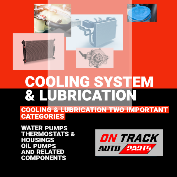 Cooling system and lubrication components with water pumps, thermostats, and oil pumps.