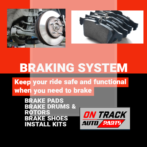 Brake system components with text promoting safety and installation supplies.