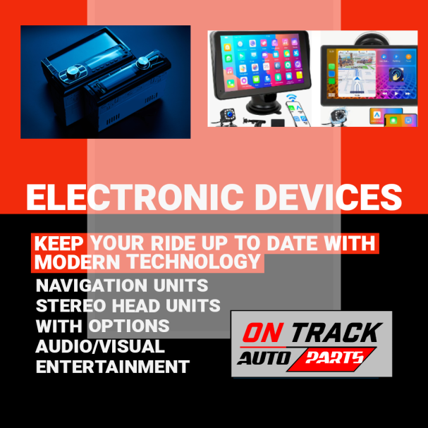 Promotional graphic for electronic devices, featuring navigation units and stereo head units.